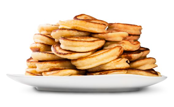 Pile Of Pancakes On A White Plate Isolated On White Background
