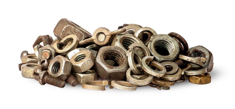 Pile of old fasteners isolated on white background