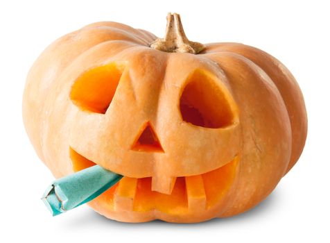 Pumpkin Halloween Jack O'Lantern With Fake Cigarette Isolated On White Background