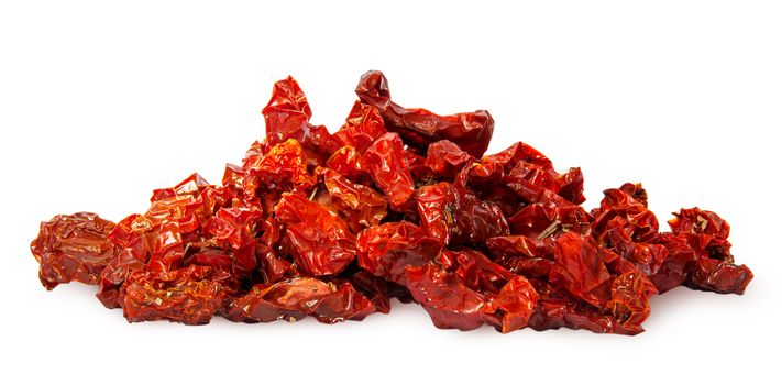 Pile of ripe red dried tomatoes isolated on white background