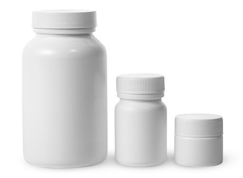 Plastic jars of different sizes for medicines isolated on white background