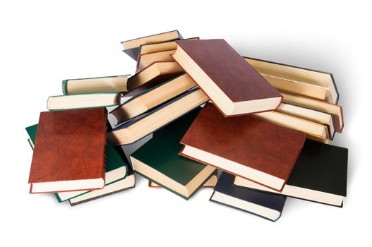 Piled on a bunch of old books top view isolated on white background