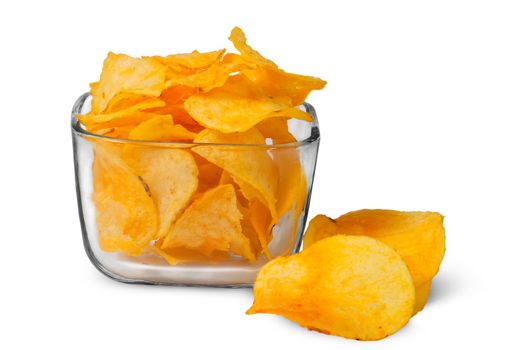 Potato chips in a glass bowl isolated on white background