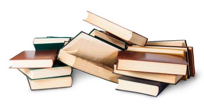 Piled on a bunch of old books isolated on white background