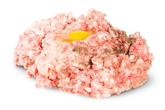 Raw Ground Beef With Egg And Black Pepper Isolated On White Background