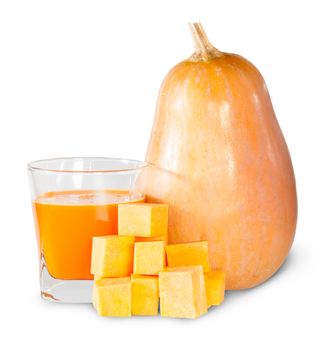Pumpkin And A Glass Of Pumpkin Juice Isolated On White Background