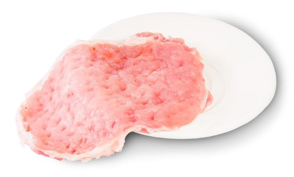 Raw Pork Schnitze On A White Platel Isolated On White Background