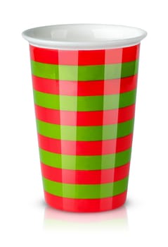 Red and green striped cup without handle isolated on white background