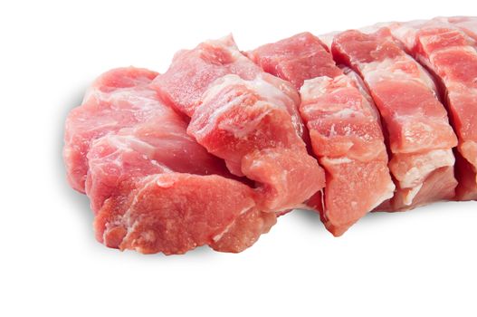 Raw Sliced Pork Meat Closeup Isolated On White Background