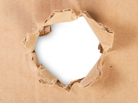 Ripped Hole In Cardboard On White Background