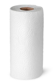 Roll paper towels on the bushing vertically isolated on white background