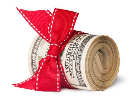 Roll Of One Hundred Dollar Bills Tied With Red Ribbon Isolated On White Background