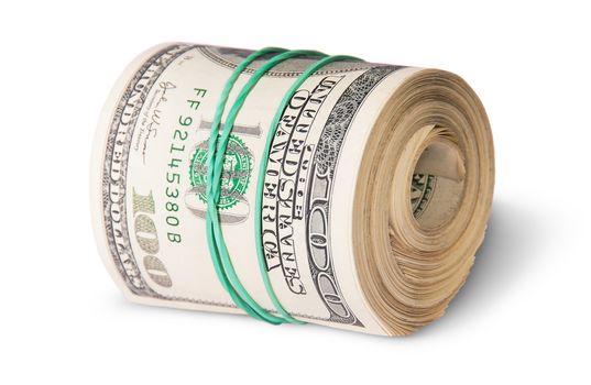 Roll Of One Hundred Dollar Bills Lying Horizontally Isolated On White Background