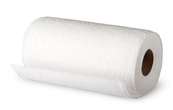 Roll white paper towels horizontally isolated on white background