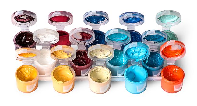 Set of colorful acrylic paints in open jars isolated on white background