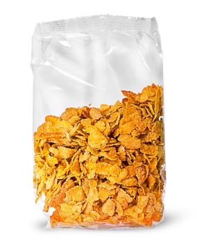Sealed package of cornflakes vertically isolated on white background