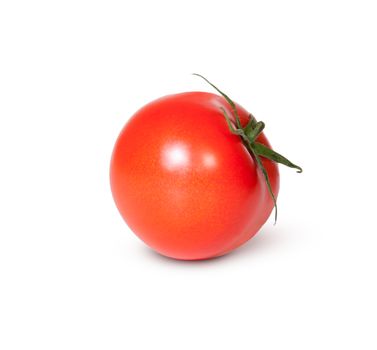 Single Fresh Red Tomato With Green Stem Isolated On White Background