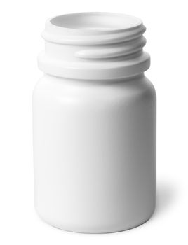 Single plastic bottle of pills without a lid isolated on white background