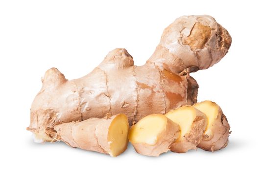 Sliced and whole ginger root isolated on white background