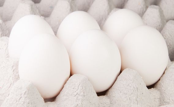 Six White Eggs On The Tray In Perspective