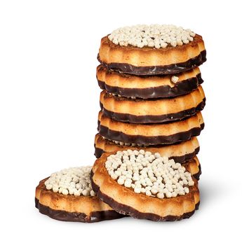 Stack chocolate cookies and two in front isolated on white background