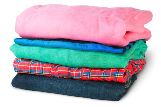 Stack Of Five Types Of Clothes Rotated Isolated On White Background