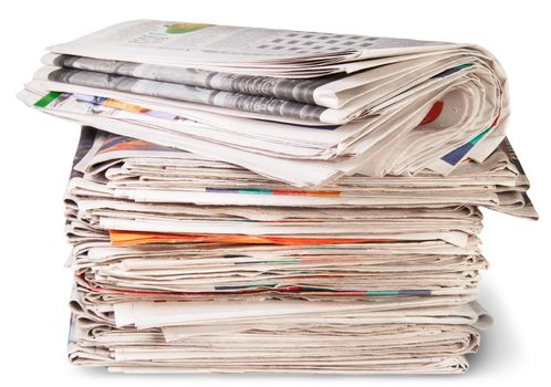 Stack Of Newspapers And The Roll Isolater On White Background