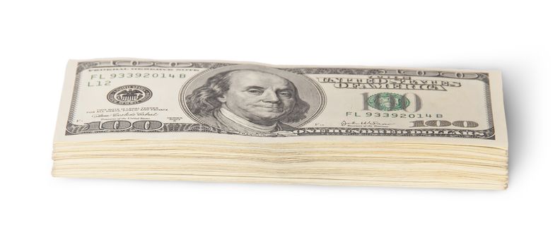 Stack of hundred dollar bills isolated on white background