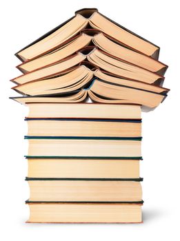 Stack of open and closed old books bottom view isolated on white background