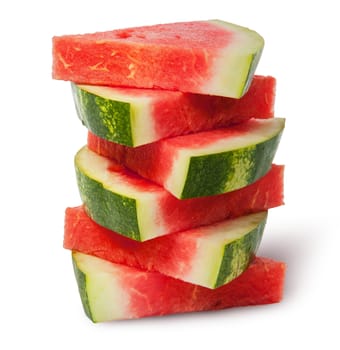 Stack of pieces red ripe watermelon isolated on white background