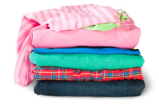 Stacked And Crumpled Multicolored Clothes Isolated On White Background