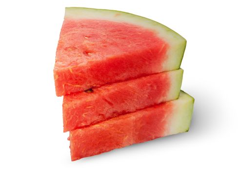 Stack of three pieces of ripe red watermelon isolated on white background