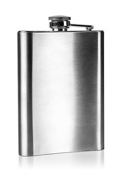 Stainless steel hip flask rear view isolated on white background