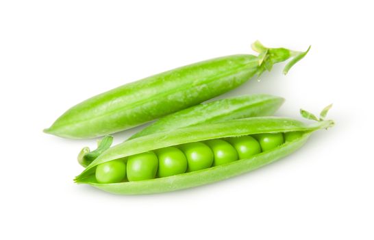 Three green peas in pods isolated on white background