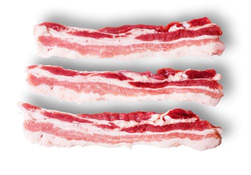 Three pieces of bacon on top view isolated on white background