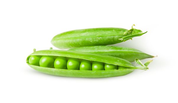 Three green peas in pods rotated isolated on white background