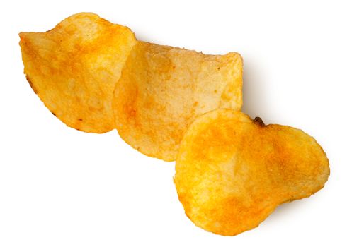 Three pieces of potato chips in a row isolated on white background