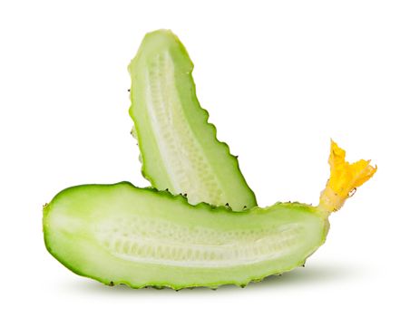 Two half of juicy green cucumber isolated on white background