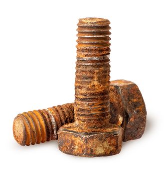 Two old rusty bolts isolated on white background