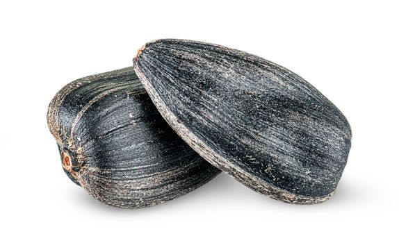 Two pieces of sunflower seeds on each other isolated on white background