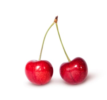 Two red juicy sweet cherries isolated on white background