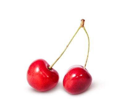 Two red juicy sweet cherries deployed isolated on white background