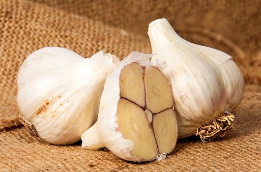 Two whole and half head of garlic on sackcloth