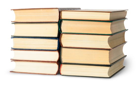 Two stacks of old books rotated isolated on white background