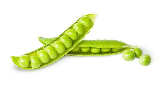 Two young disclosed pod of green peas isolated on white background