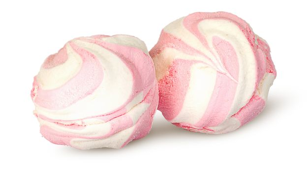 Two white and pink marshmallows each other isolated on white background