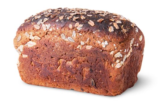 Unleavened black bread with seeds rotated top view isolated on white background