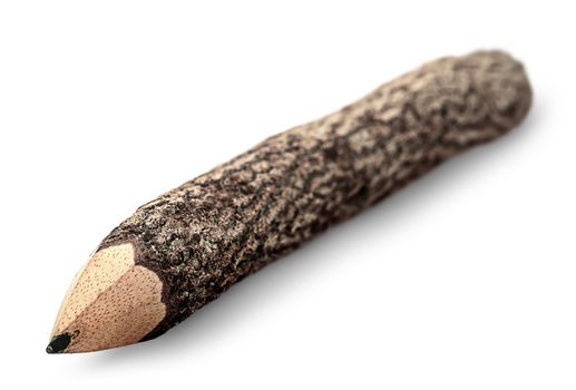 Unusual pencil in the form of logs isolated on white background