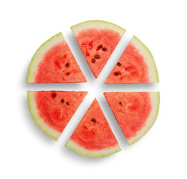 Watermelon cut into six segments isolated on white background