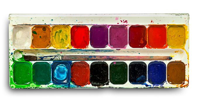 Watercolor paints set and brush isolated on white background